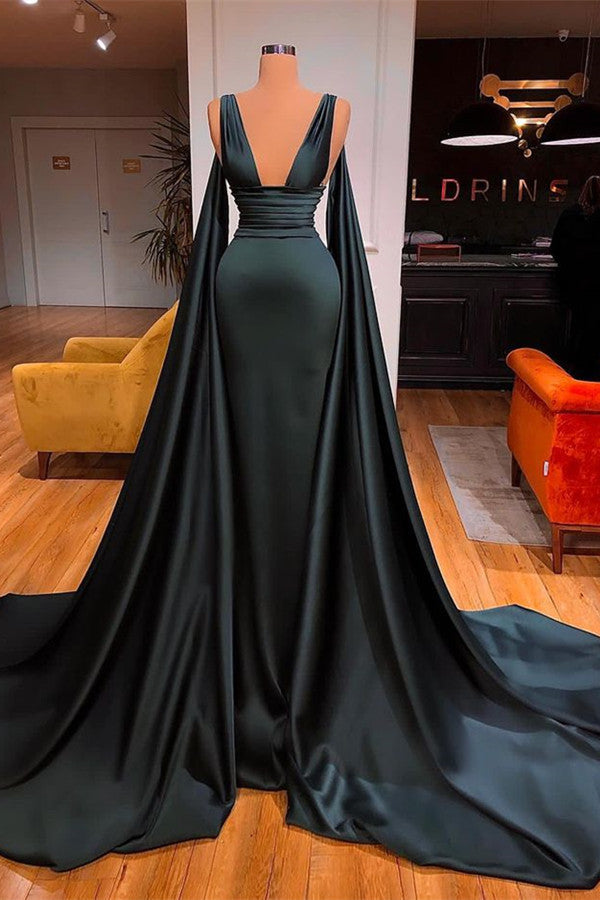 Dark Green V-Neck Sleeveless Sheath Ruffles Prom Dress-BallBride