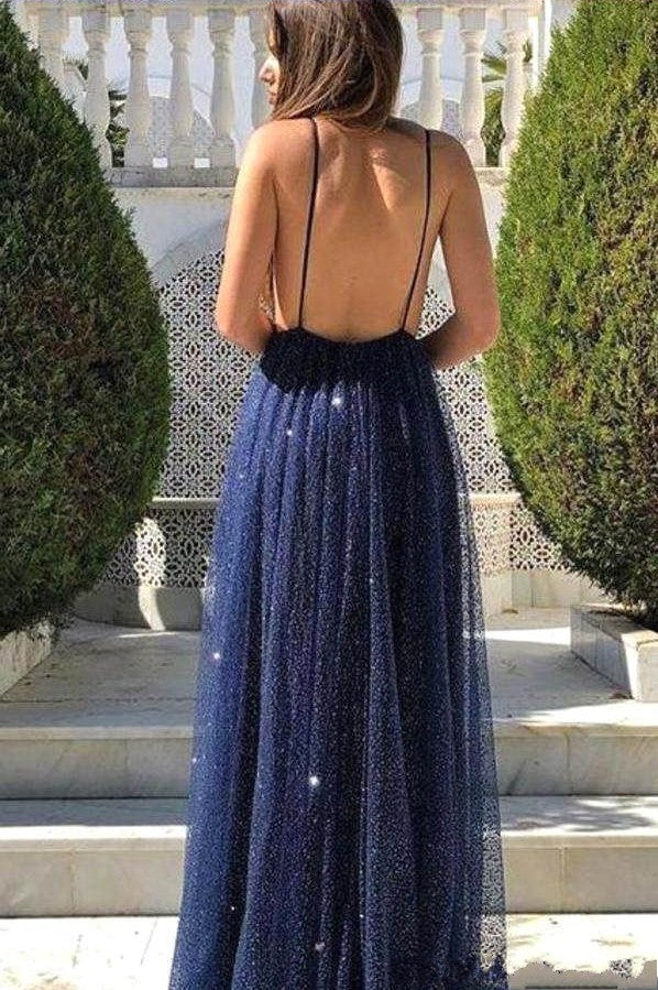 Dark Navy Sequins Prom Dress with Spaghetti-Straps-BallBride