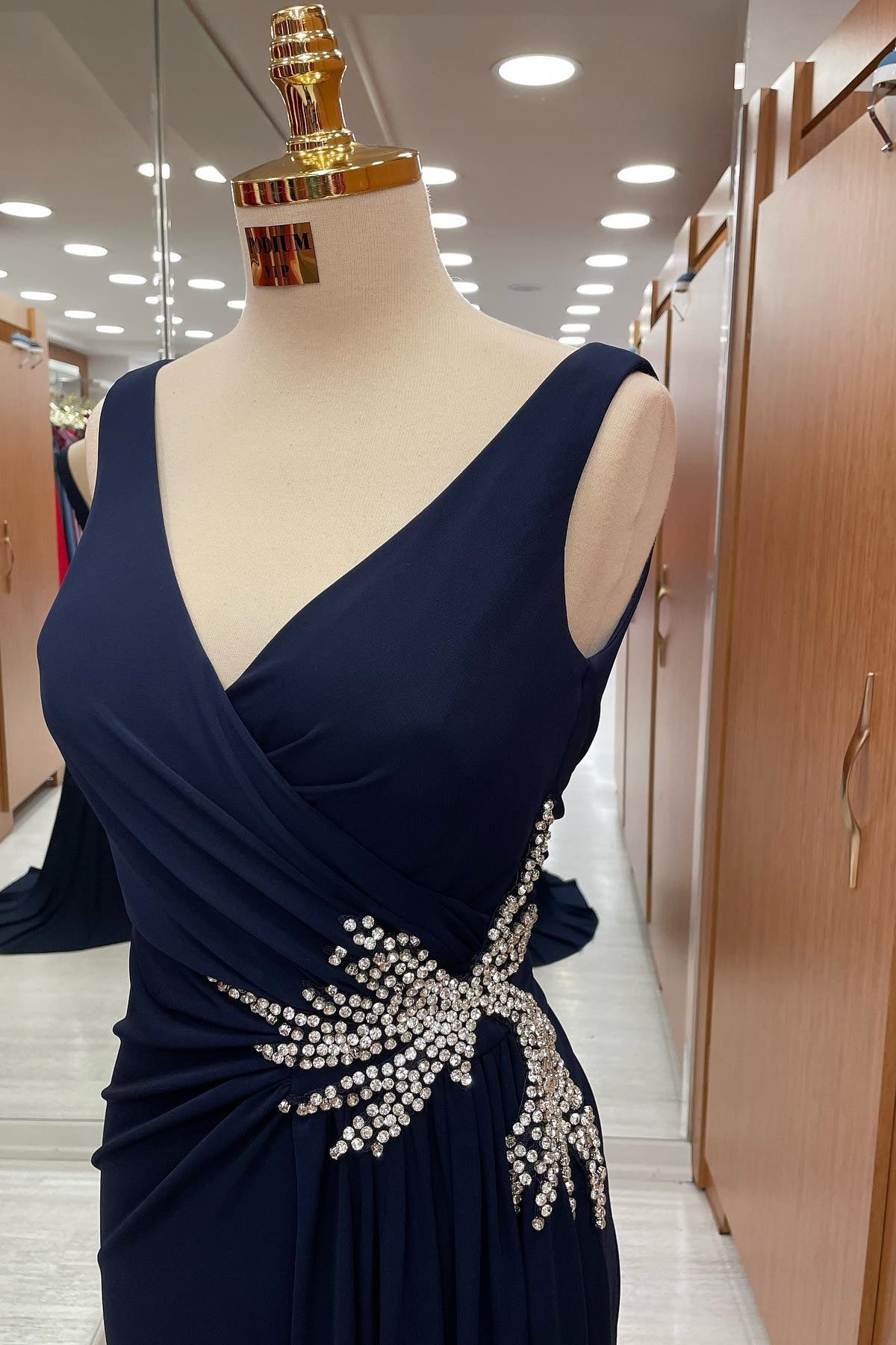 Dark Navy Straps V-Neck Pleated Prom Dress With Rhinestone - Amazing Look!-BallBride