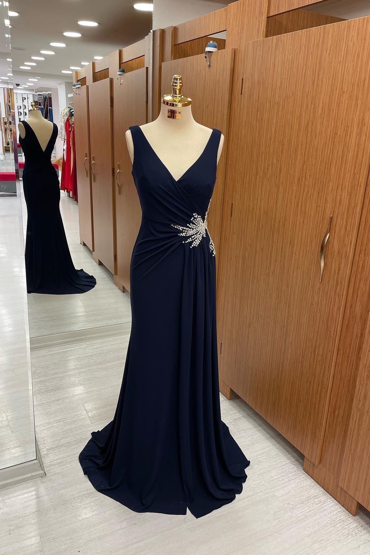 Dark Navy Straps V-Neck Pleated Prom Dress With Rhinestone - Amazing Look!-BallBride