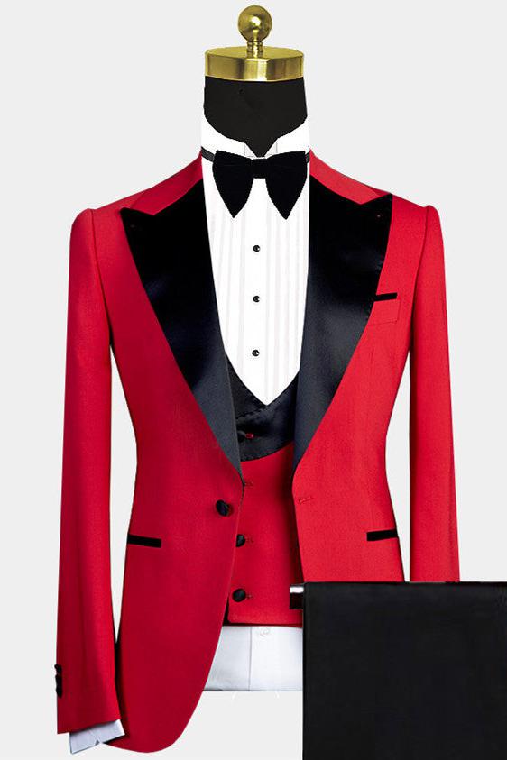 Davis Red Peaked Lapel Easy Fit Men Suit with Black Lapel-BallBride