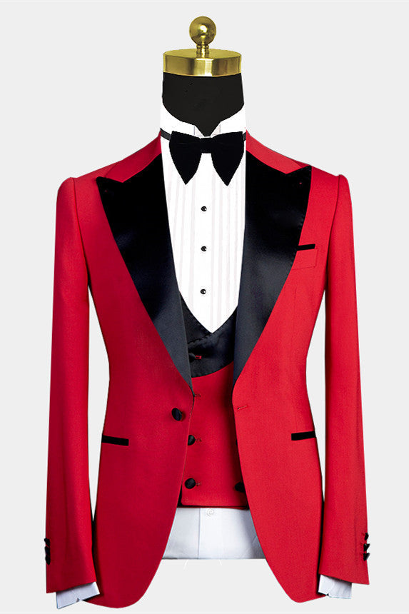 Davis Red Peaked Lapel Easy Fit Men Suit with Black Lapel-BallBride