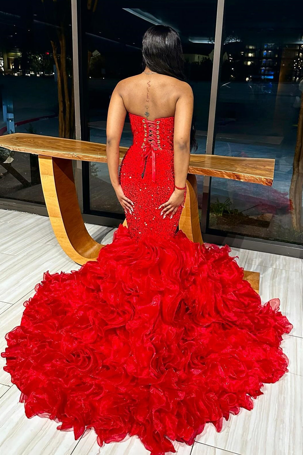 Deep V-Neck Red Lace Up Mermaid Ruffles Sexy Prom Dress-BallBride