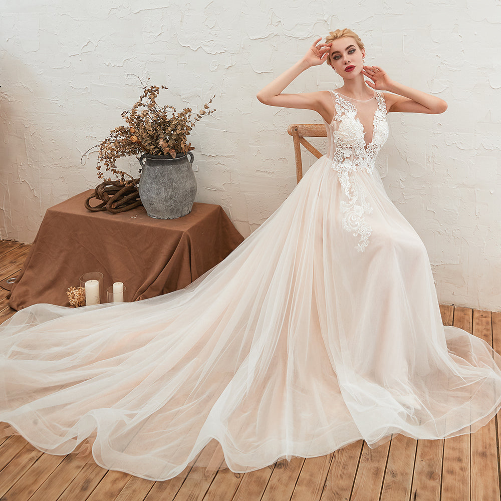 Delicate A-line Tulle Wedding Dress With Floral Lace and Bateau Open Back-BallBride