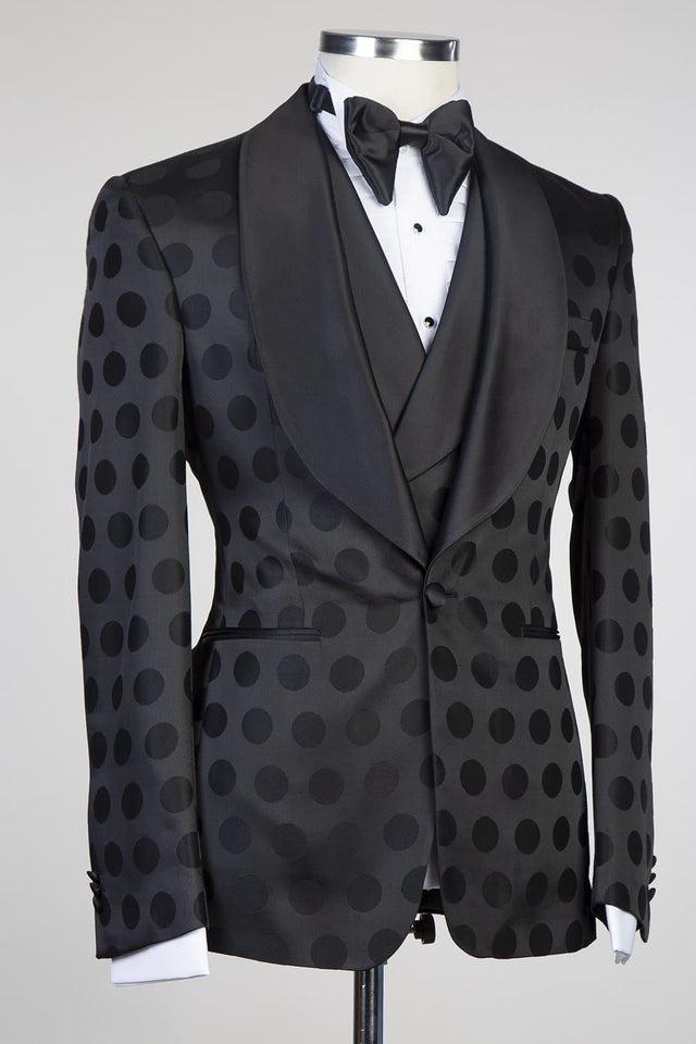 Douglas Fashion Black Pattern Slim Fit Shawl Lapel Three Pieces Men Suits-BallBride
