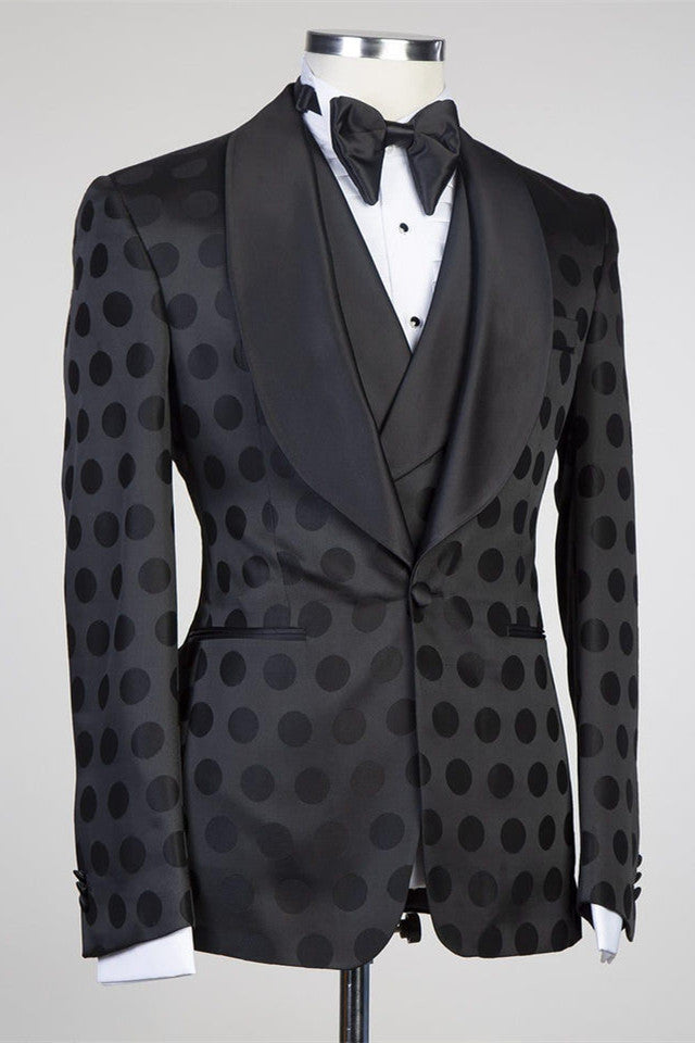 Douglas Fashion Black Pattern Slim Fit Shawl Lapel Three Pieces Men Suits-BallBride