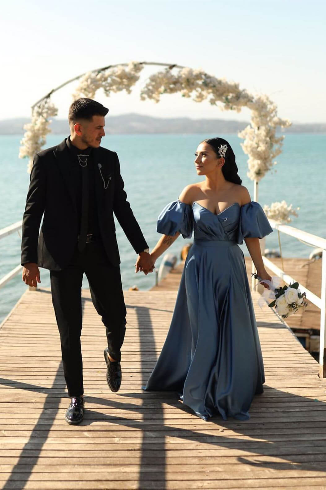 Dusty Blue Off-The-Shoulder Evening Dress With Puff Sleeves and Front Split Sweetheart-BallBride