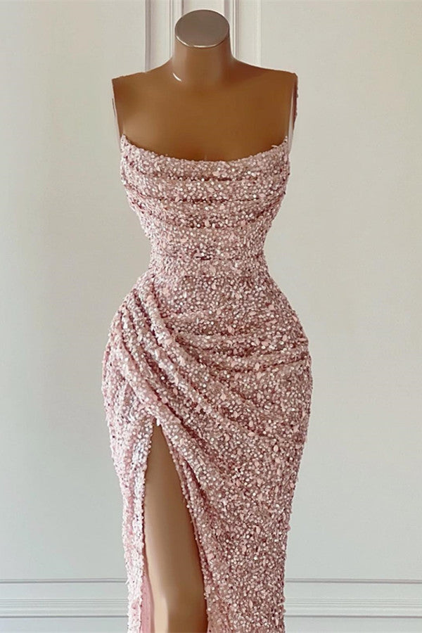 Dusty Pink Square Neck Sleeveless Prom Dress with Mermaid Slit and Sequins-BallBride