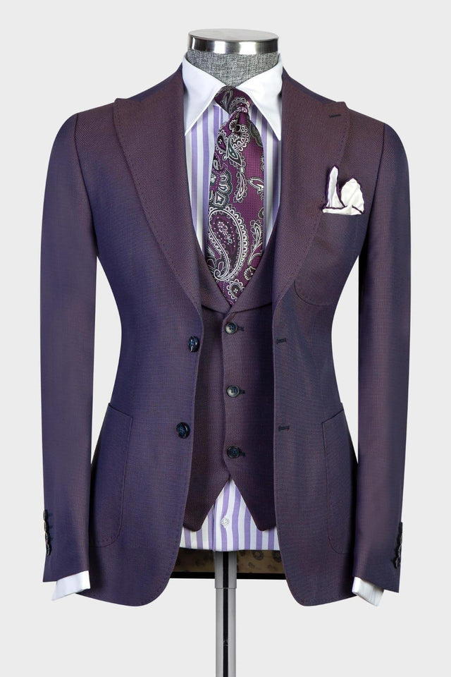 Eamonn Modern Dark Purple 3-Piece Peaked Lapel Men Suits for Business-BallBride