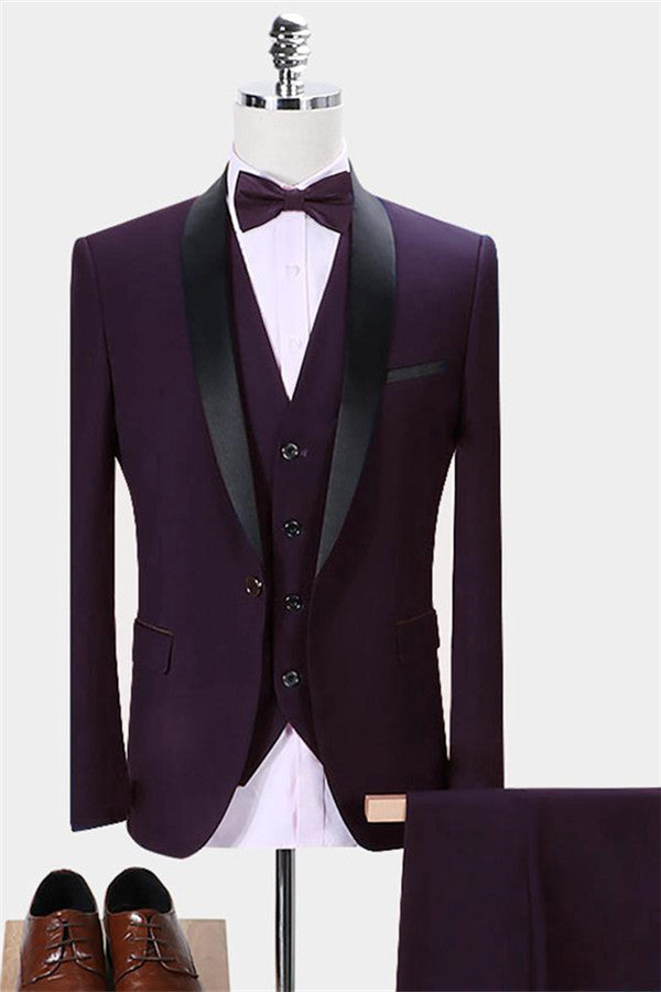 Easy Fit Tailcoat Three Piece Set in Stylish Dark Purple Shawl Lapel-BallBride