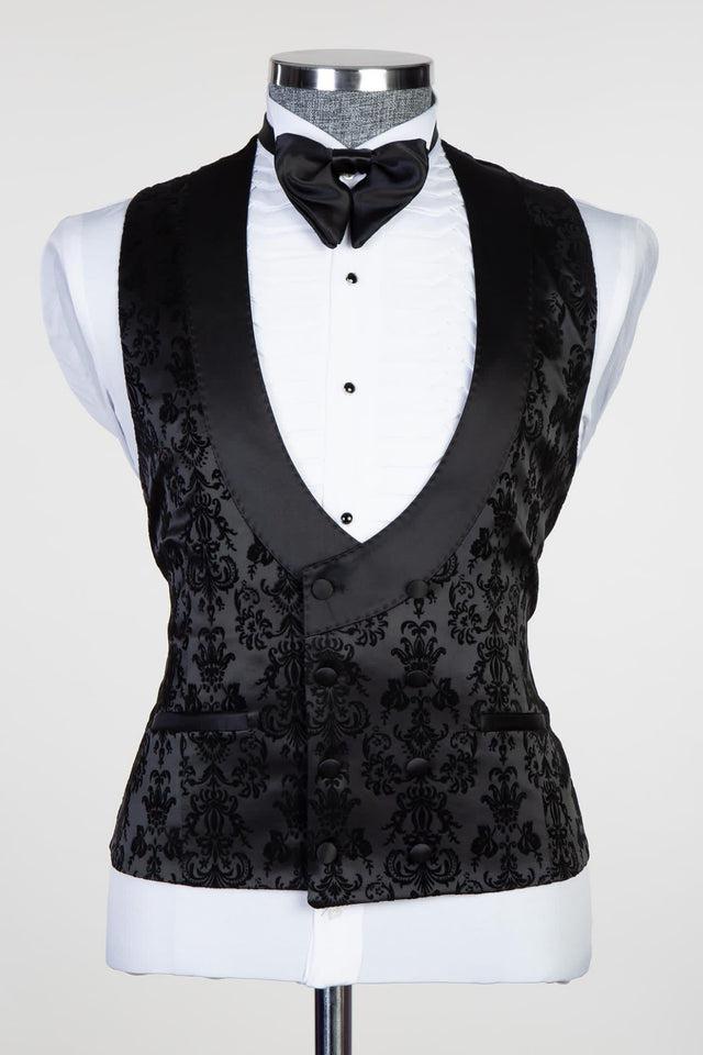 Edward Bespoke Men Suits - Black Jacquard Peaked Lapel Three Pieces-BallBride