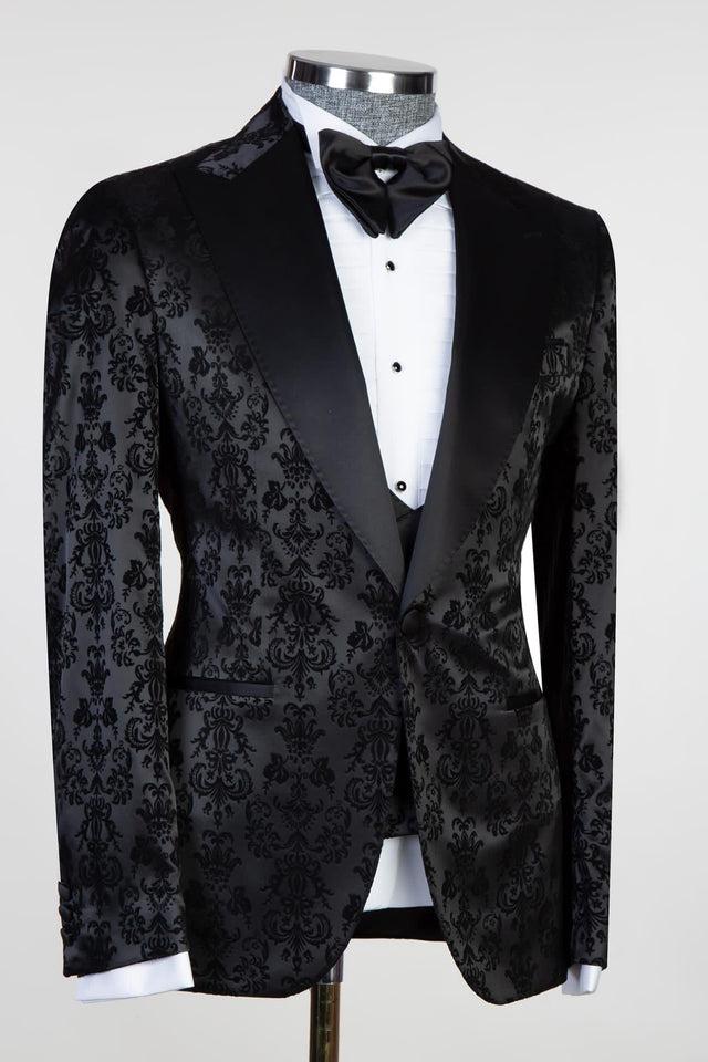 Edward Bespoke Men Suits - Black Jacquard Peaked Lapel Three Pieces-BallBride