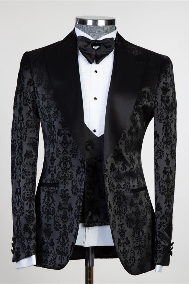 Edward Bespoke Men Suits - Black Jacquard Peaked Lapel Three Pieces-BallBride