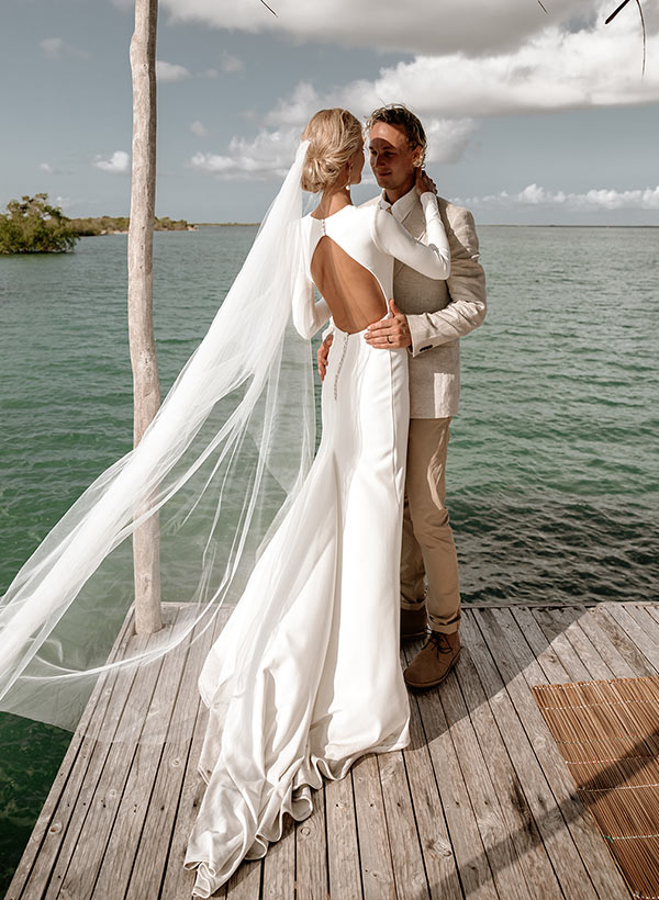 Elastic Satin Long Sleeves Mermaid Fitted Wedding Dress-Ballbride