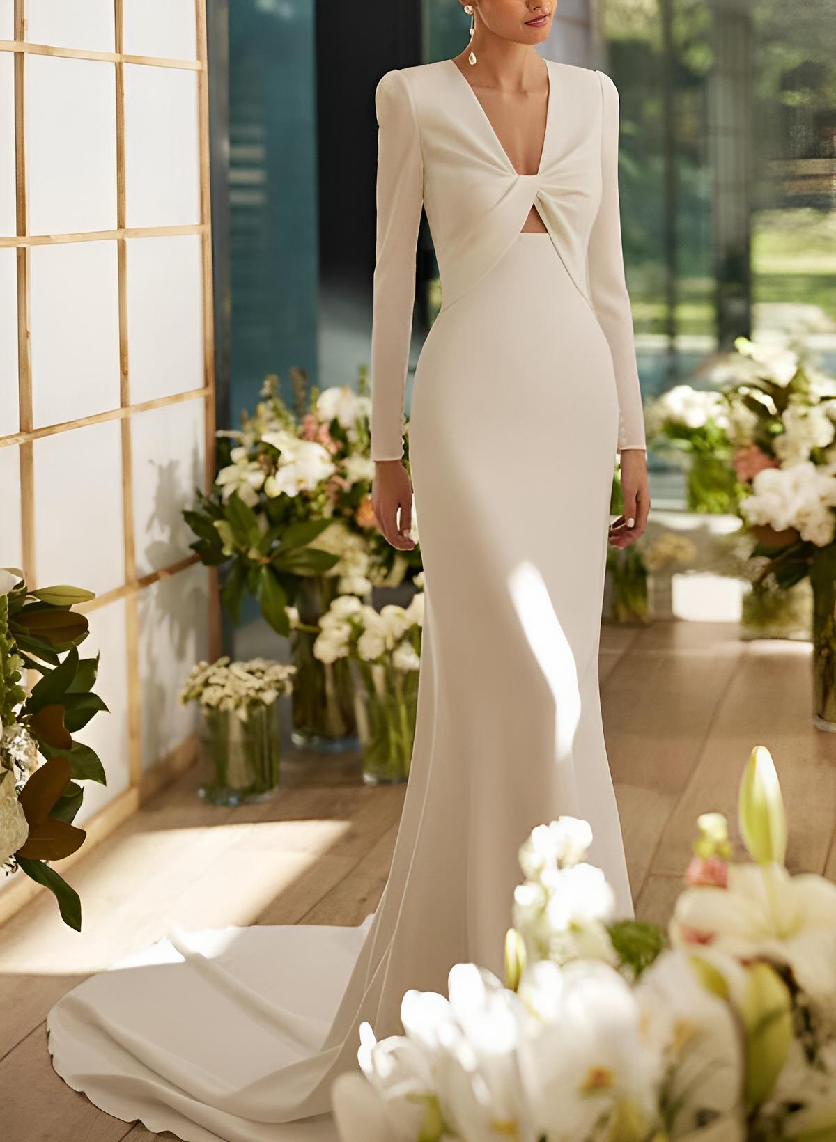 Elastic Satin Mermaid Fitted Wedding Dresses Long Sleeves Court Train-Ballbride