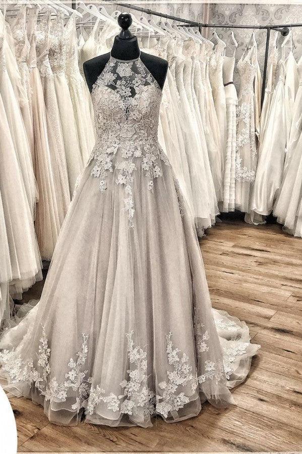 Elegant A-line Halter Wedding Dress with Tulle Ruffles & Appliques Lace Train-BallBride