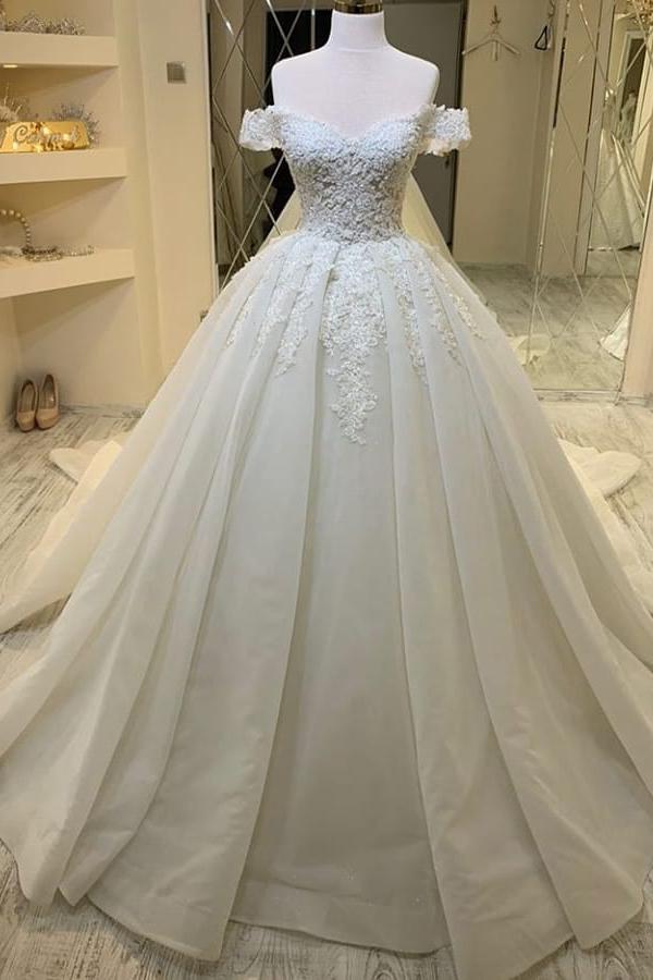 Elegant A-Line Sweetheart Off-the-Shoulder Ruffles Wedding Dress With Appliques Lace-BallBride