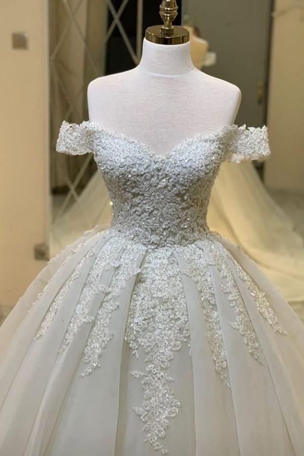 Elegant A-Line Sweetheart Off-the-Shoulder Ruffles Wedding Dress With Appliques Lace-BallBride