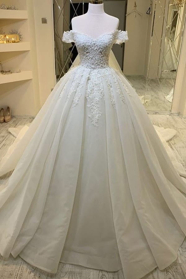 Elegant A-Line Sweetheart Off-the-Shoulder Ruffles Wedding Dress With Appliques Lace-BallBride