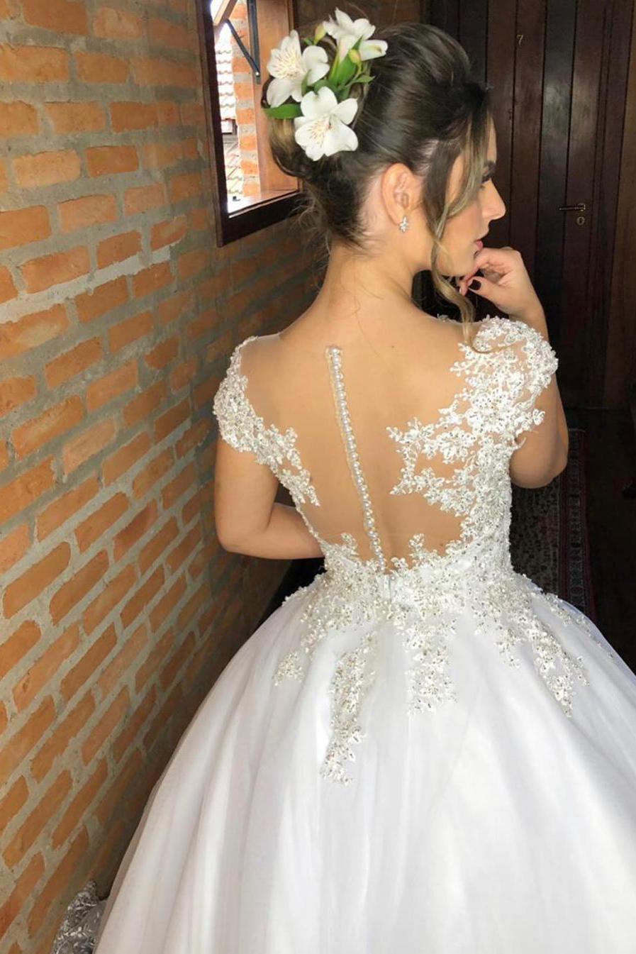 Elegant Applique Straps Lace V-neck Floor-length Wedding Dress-BallBride