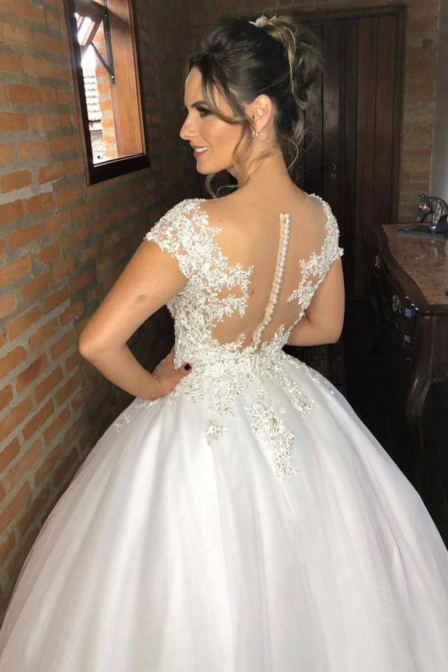 Elegant Applique Straps Lace V-neck Floor-length Wedding Dress-BallBride