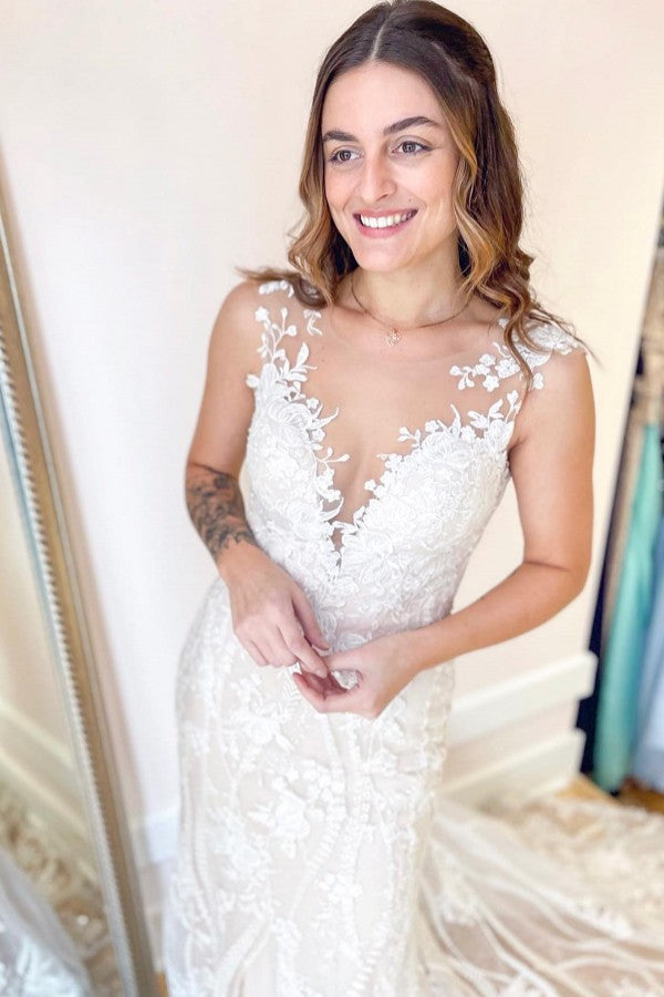 Elegant Bateau Mermaid Wedding Dress With Appliques Lace-BallBride
