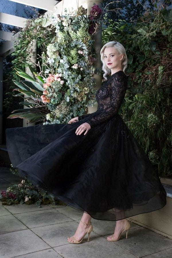 Elegant Black Bateau Wedding Dress With Appliques Lace-BallBride