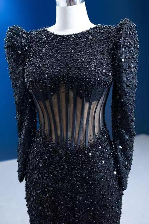 Elegant Black Jewel Neck Mermaid Prom Dress With Appliques and Long Sleeves-BallBride