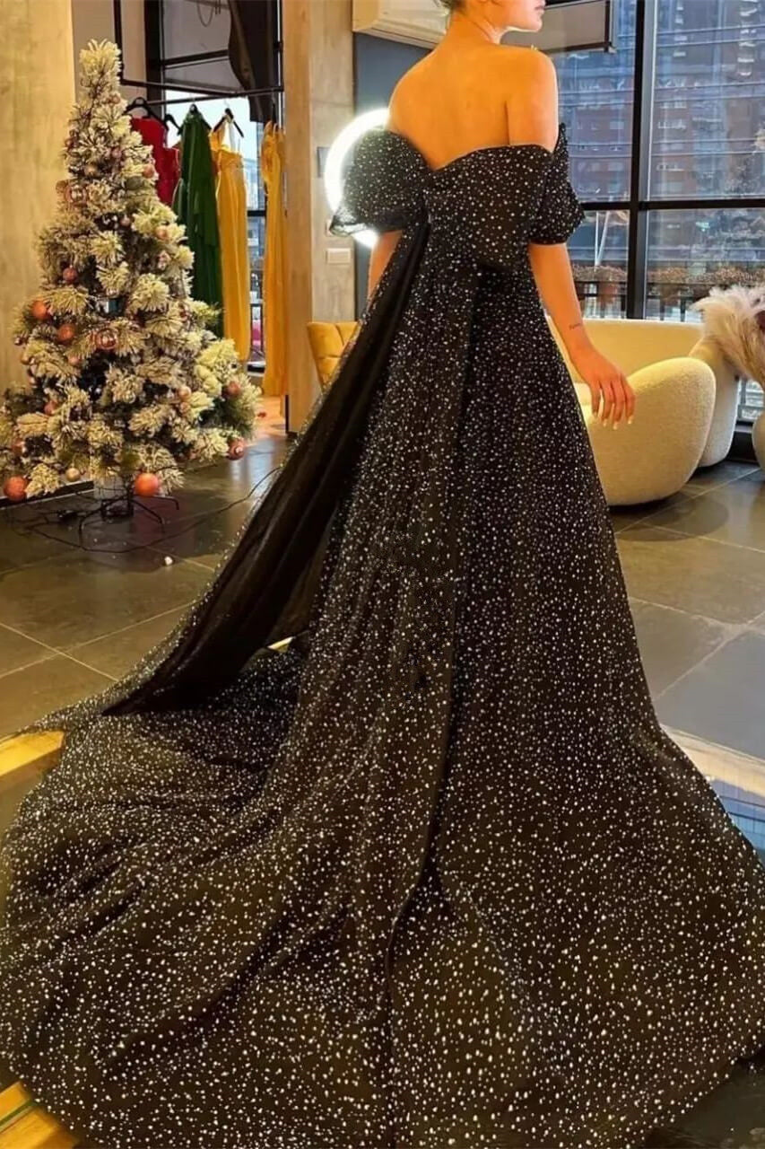 Elegant Black Off-the-Shoulder Evening Dress With Beads and High Slit-BallBride