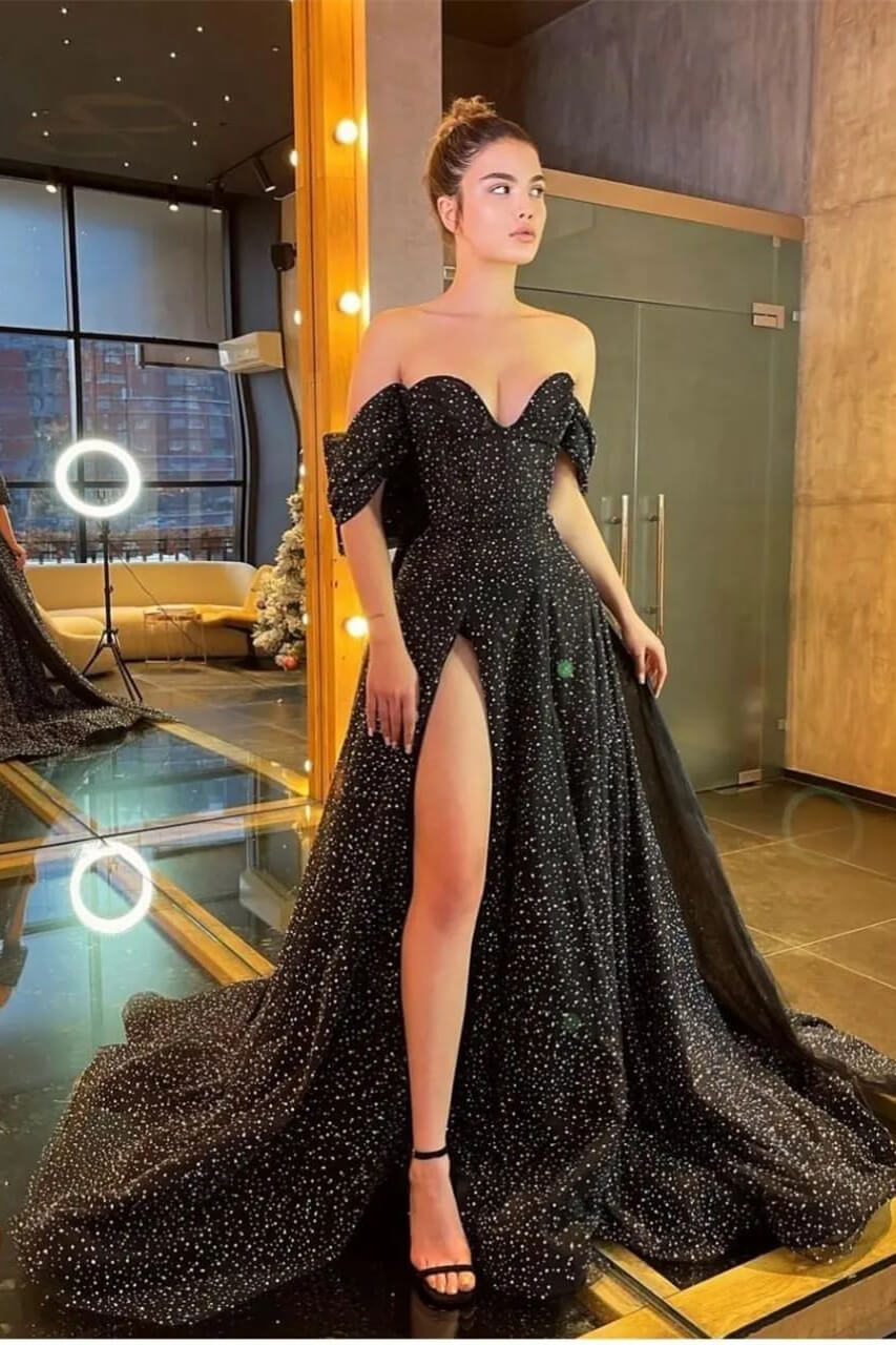 Elegant Black Off-the-Shoulder Evening Dress With Beads and High Slit-BallBride