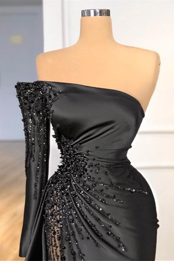 Elegant Black One Shoulder Crystal Long Sleeves Prom Dress-BallBride