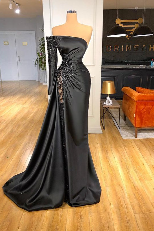 Elegant Black One Shoulder Crystal Long Sleeves Prom Dress-BallBride