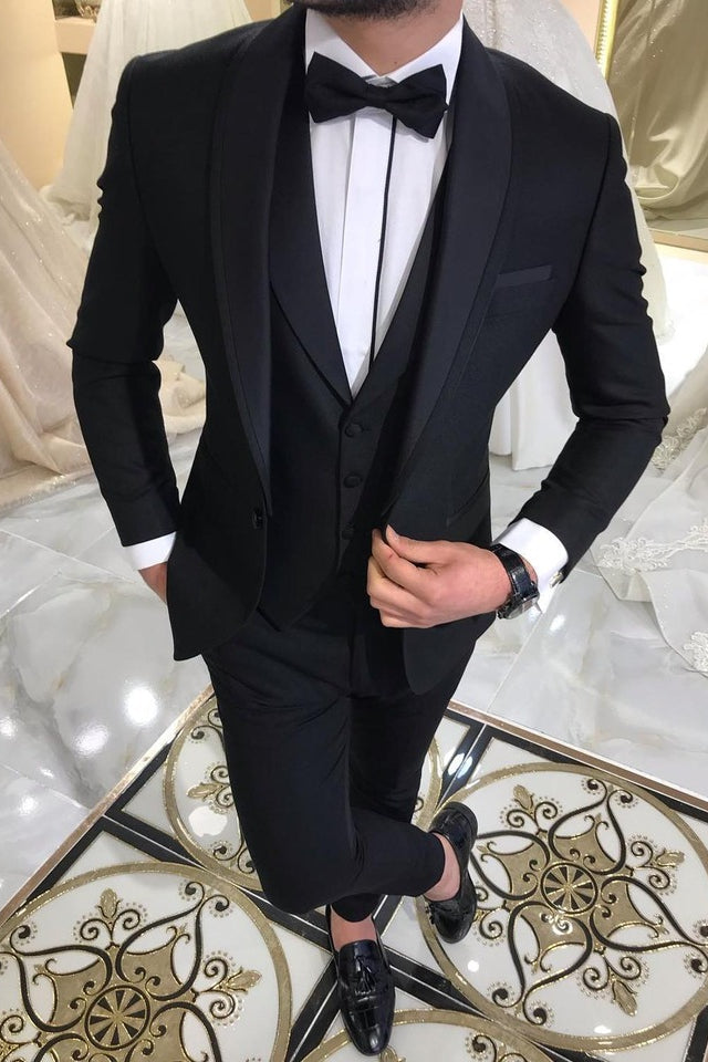 Elegant Black Shawl Lapel Wedding Tailcoats with Waistcoat - 3 Pieces-BallBride