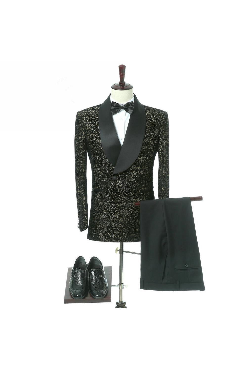 Elegant Black Slim Fit Double Breasted Wedding Tuxedo with Shawl Lapel-BallBride