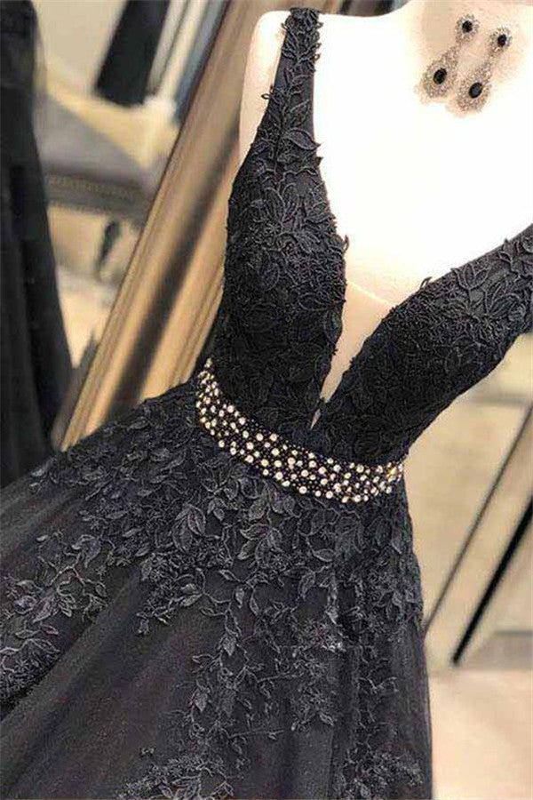 Elegant Black V-Neck Prom Dress with Applique Beadings-BallBride