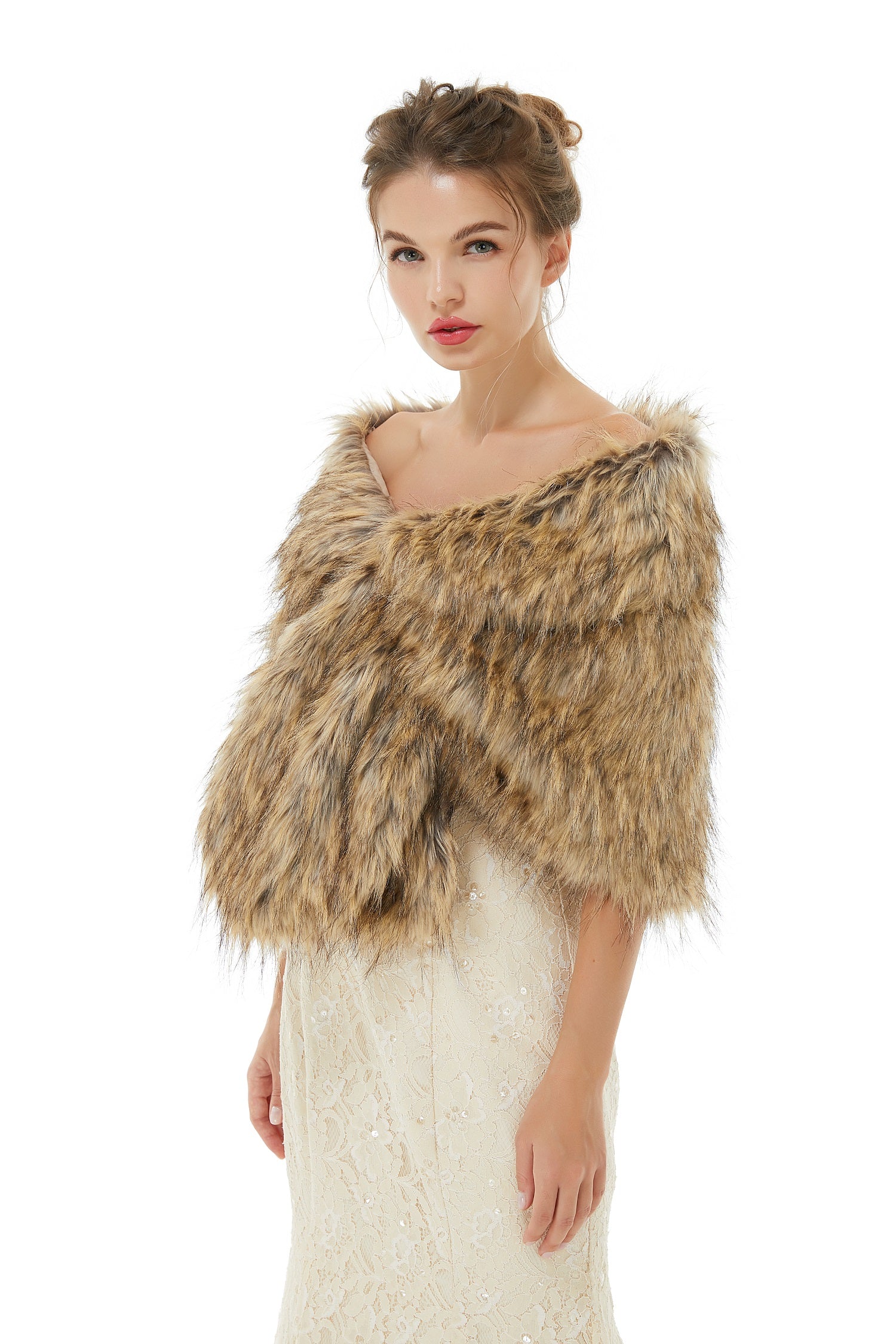 Elegant Brown Faux Fur Wedding Shawl for Winter Bridal Covers-BallBride