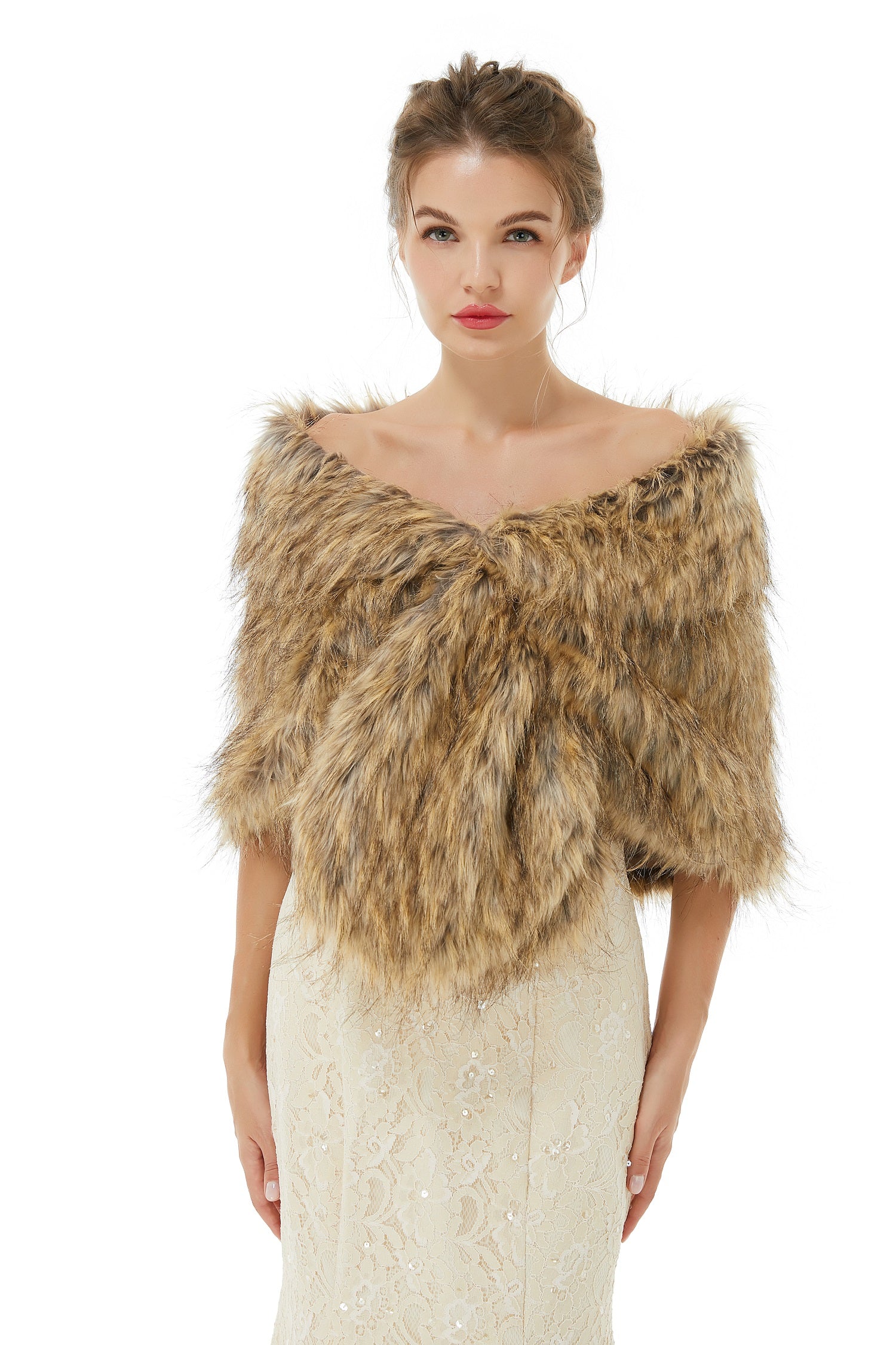 Elegant Brown Faux Fur Wedding Shawl for Winter Bridal Covers-BallBride