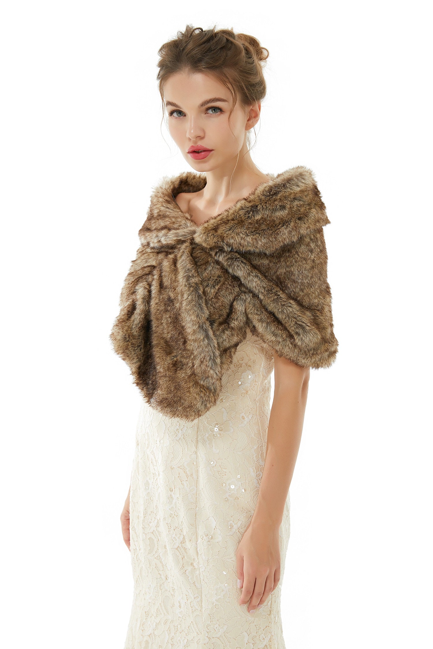 Elegant Brown Faux Fur Wrap Shawl for Weddings & Bridal Events-BallBride