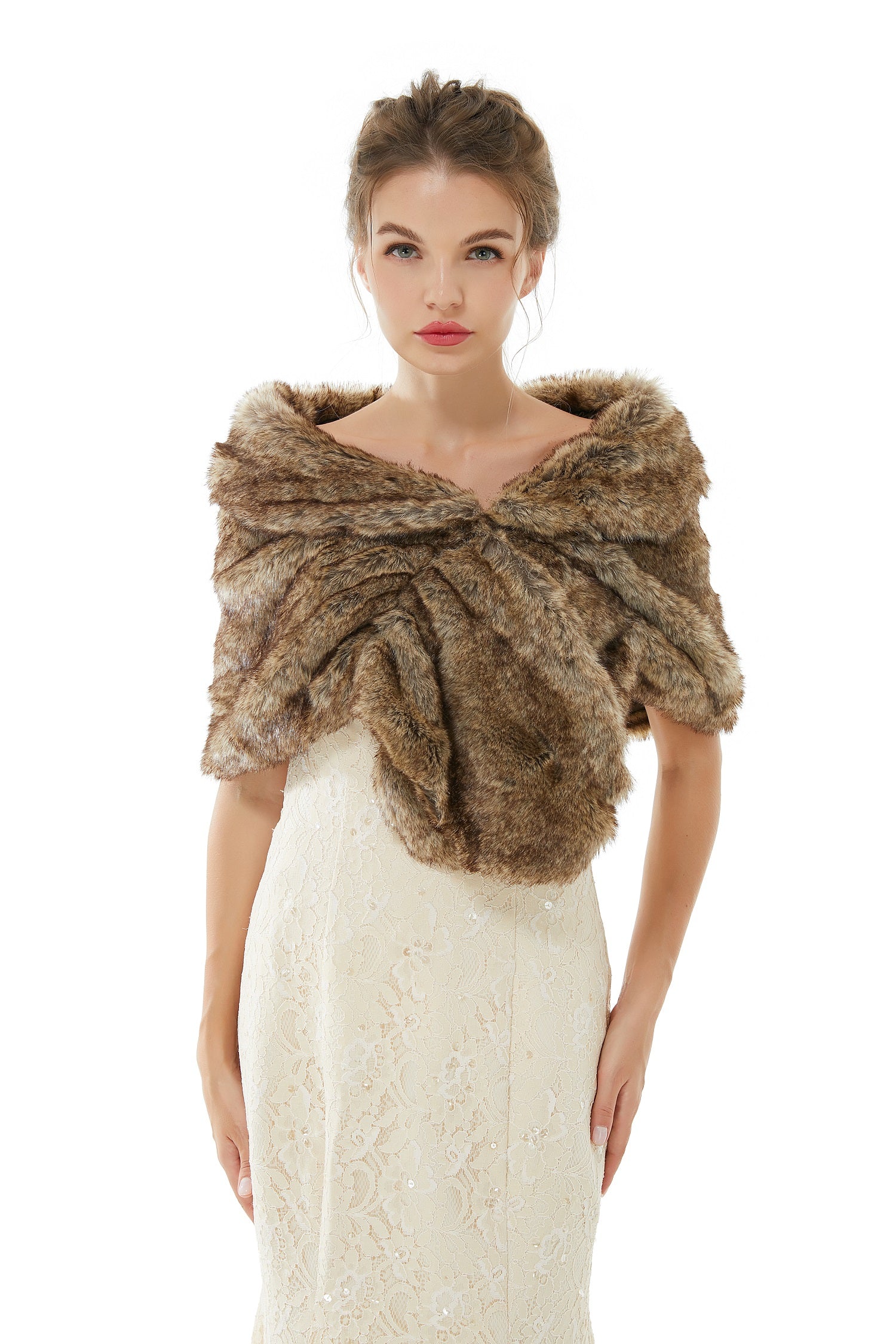 Elegant Brown Faux Fur Wrap Shawl for Weddings & Bridal Events-BallBride