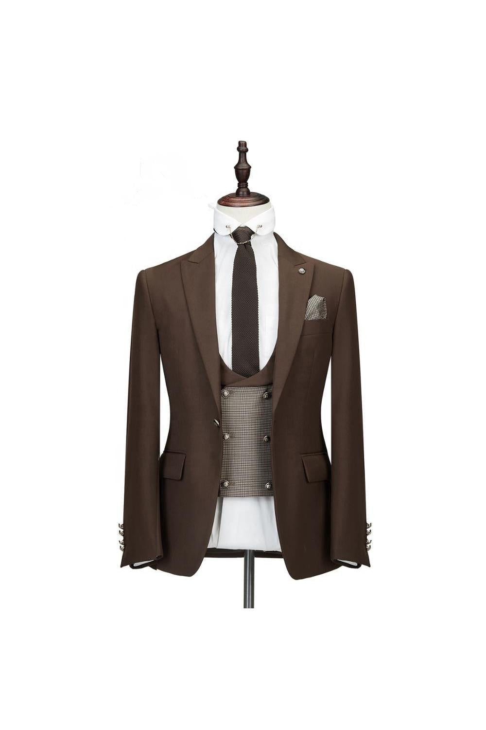 Elegant Brown Three-Piece Peaked Lapel Slim Fit Wedding Suit For Men-BallBride