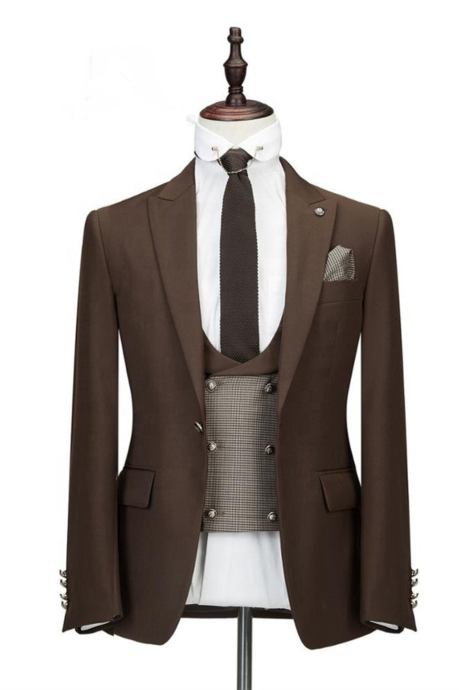 Elegant Brown Three-Piece Peaked Lapel Slim Fit Wedding Suit For Men-BallBride