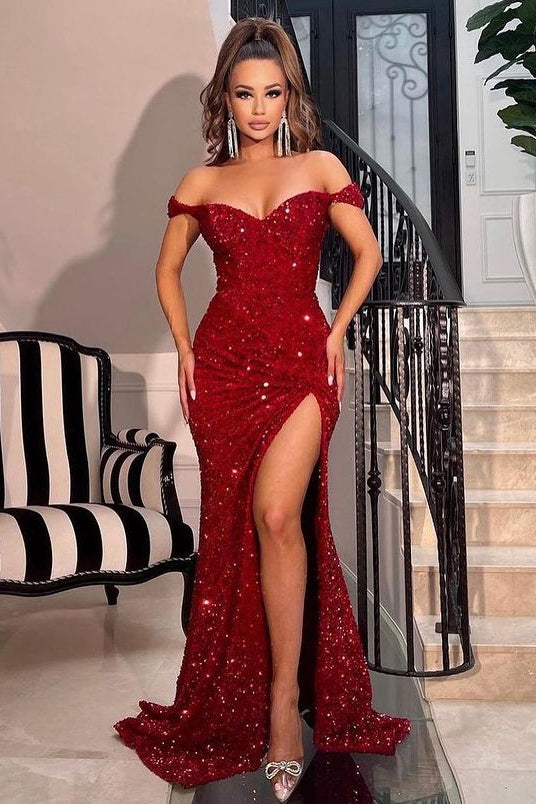 Elegant Burgundy Mermaid Sequins Prom Dress with Off-the-Shoulder and Slit-BallBride