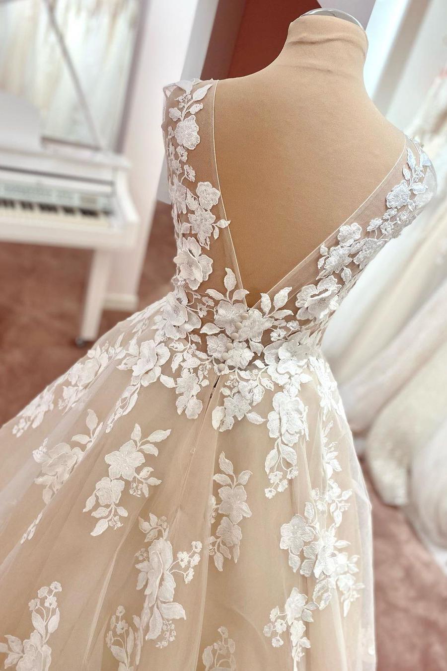 Elegant Dasida Vintage A-Line V-Neck Wedding Dress with Appliques Lace Tulle-BallBride