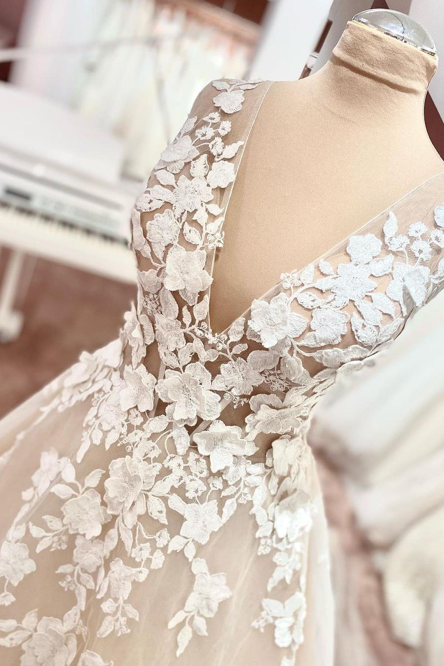 Elegant Dasida Vintage A-Line V-Neck Wedding Dress with Appliques Lace Tulle-BallBride