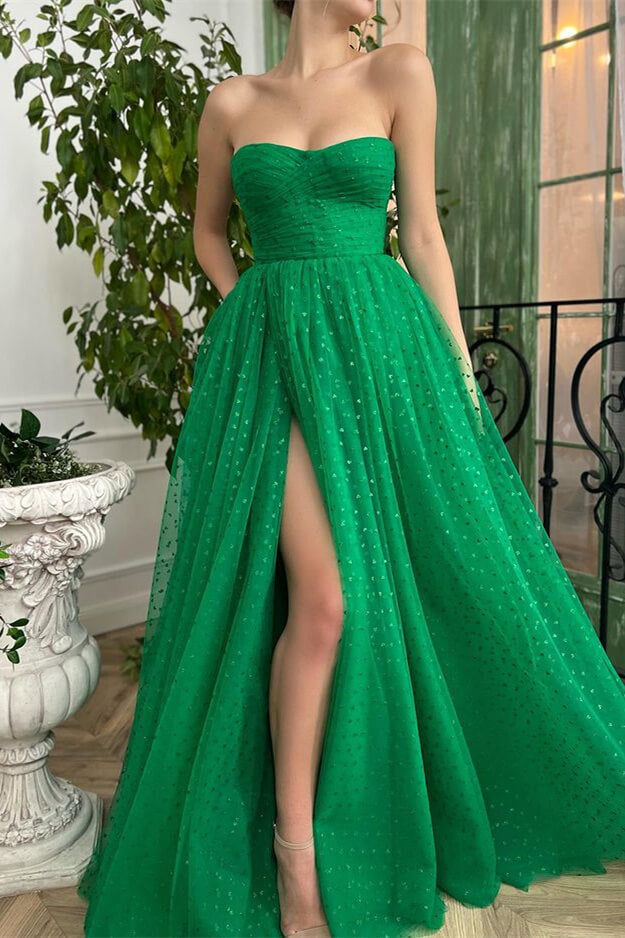 Elegant Green Sweetheart Split Prom Dress with Tulle Sleeves-BallBride
