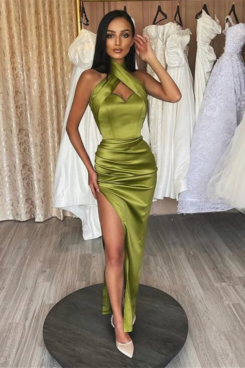 Elegant Halter Sleeveless Mermaid Olive Green Evening Dress Split Online-BallBride