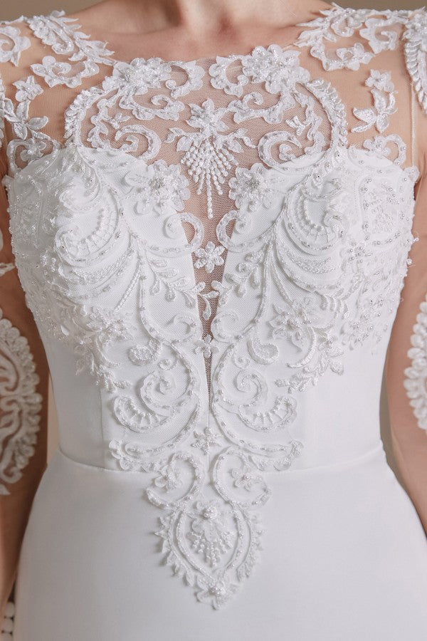 Elegant Jewel Satin Lace Long Mermaid Wedding Dress With Sleeves-BallBride