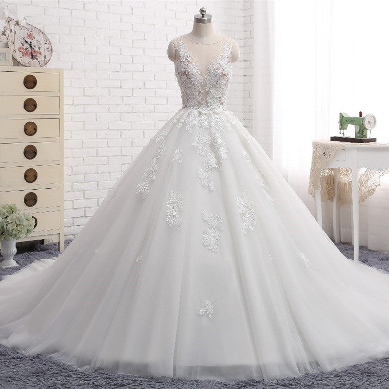 Elegant Lace Applique Sleeveless Long Wedding Dress-BallBride