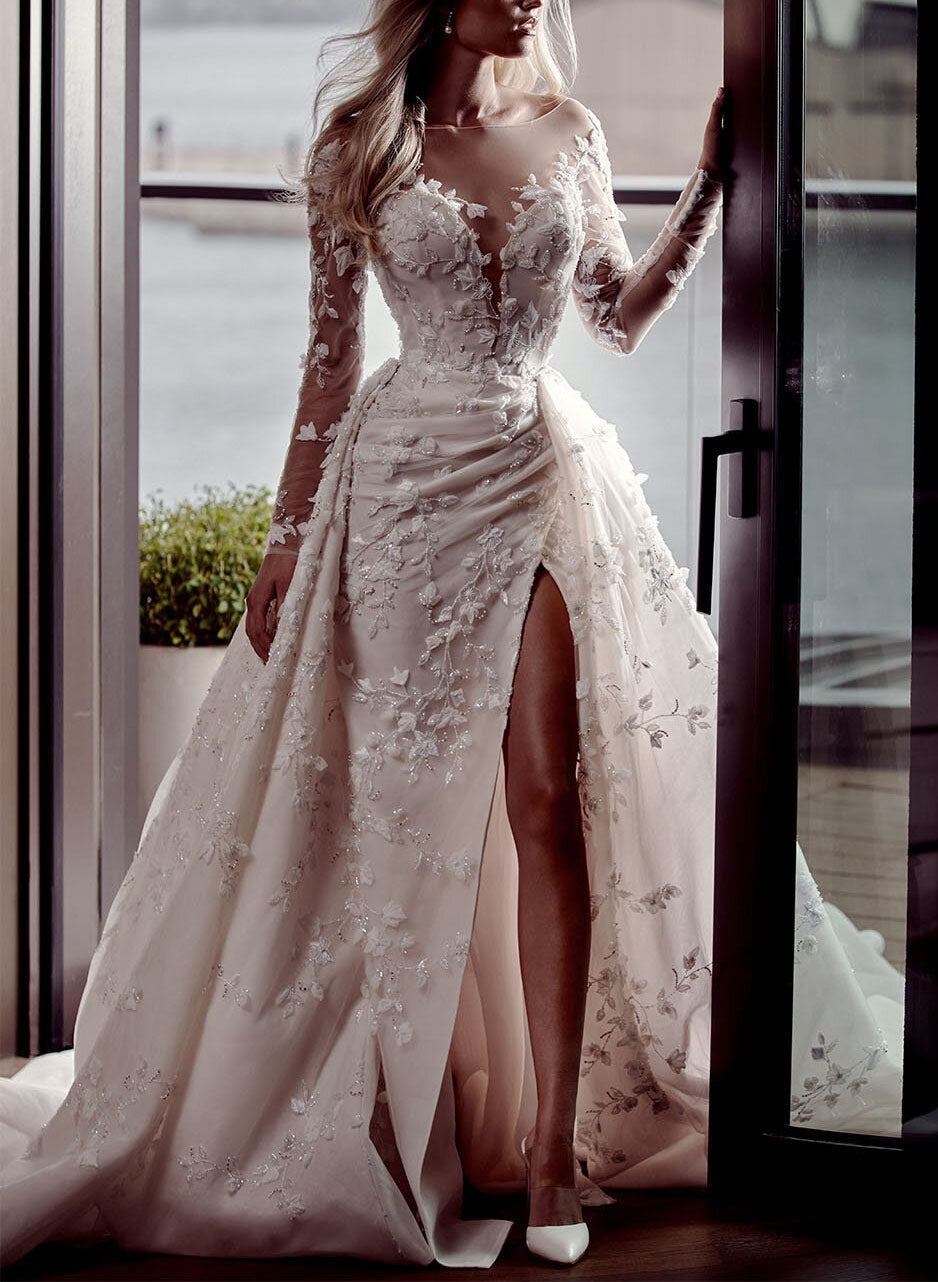 Elegant Lace Long Sleeve Wedding Dress Slit-Ballbride