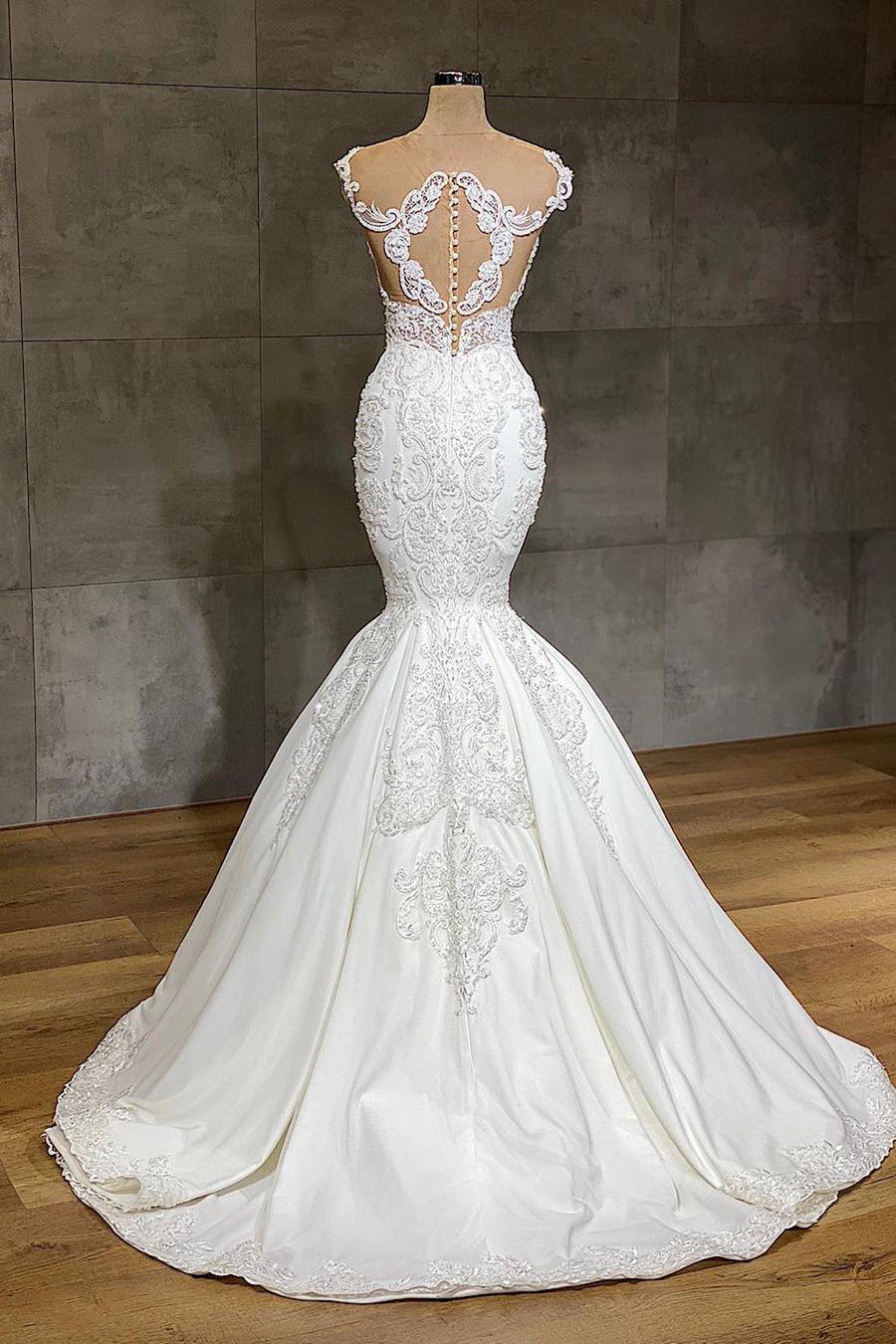 Elegant Lace V-neck Mermaid Wedding Dress with Appliques-BallBride